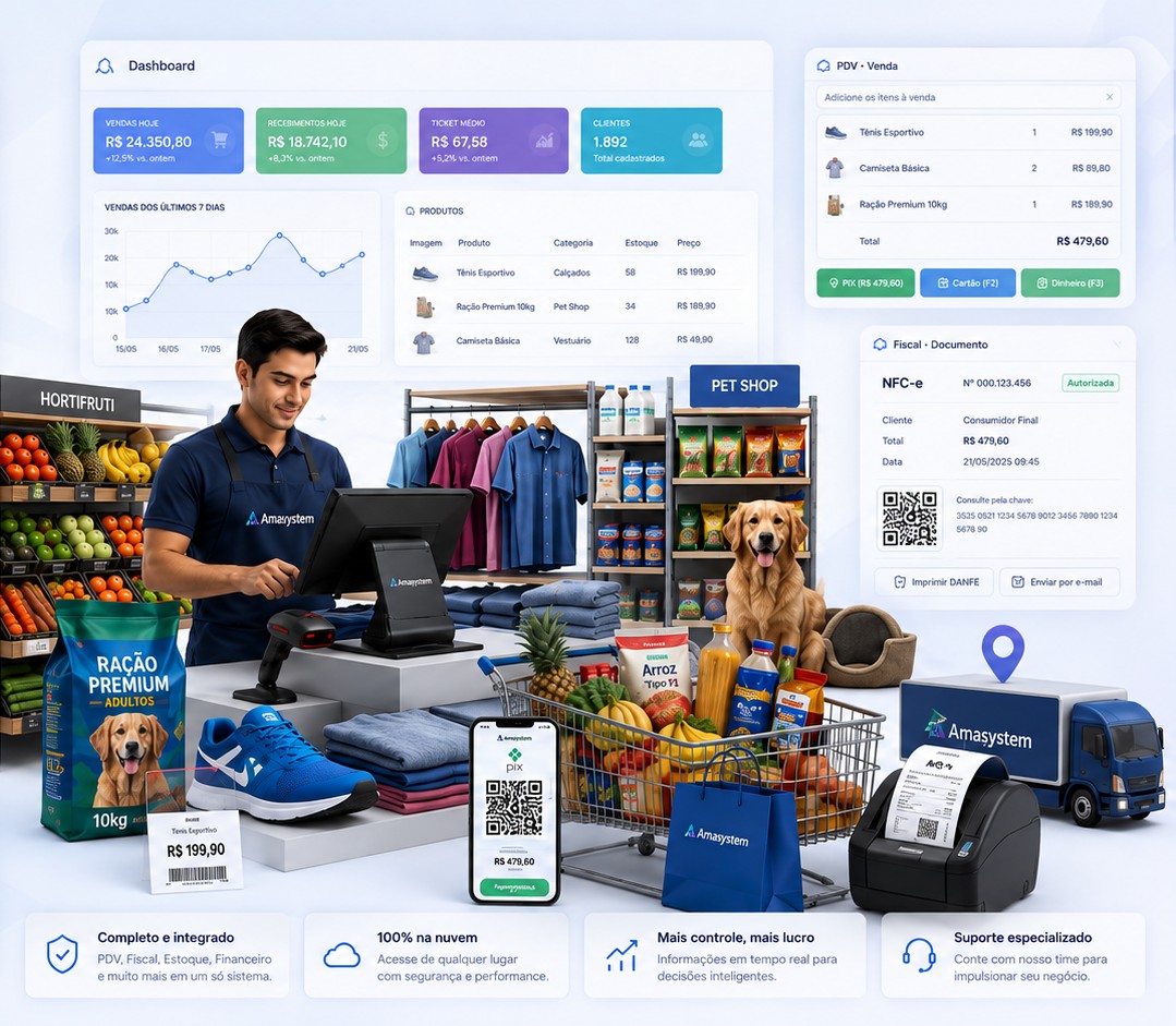 Ilustração do Amasystem Varejo Inteligente com PDV, mercado, hortifruti, roupas, pet shop, PIX, NFC-e, entrega e impressão fiscal